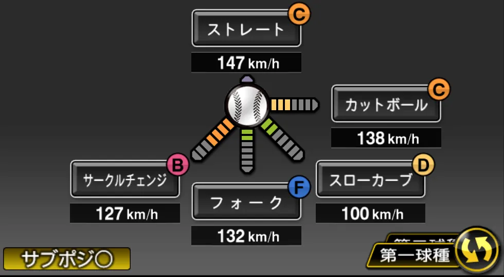 石田 健大の球種（ゲーム内の画面）