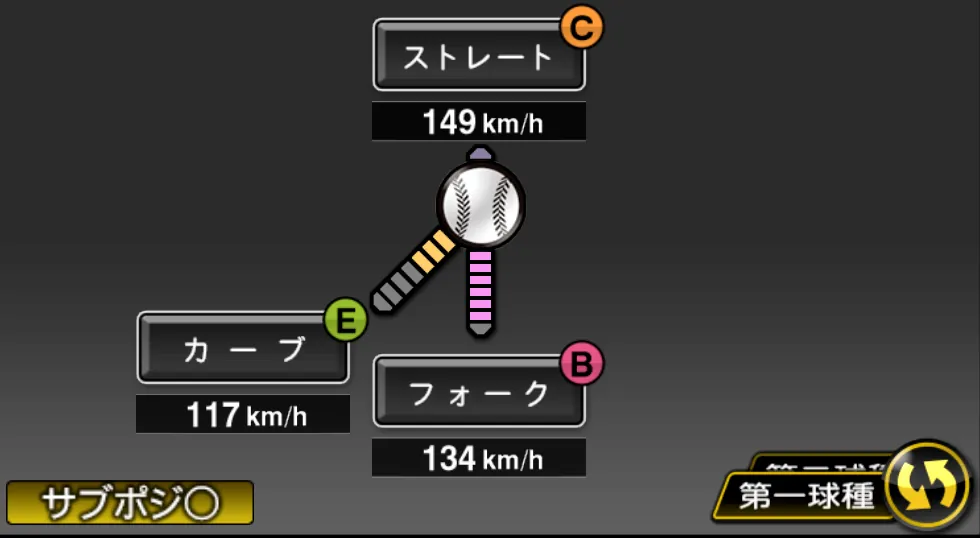 牛田 成樹の球種（ゲーム内の画面）
