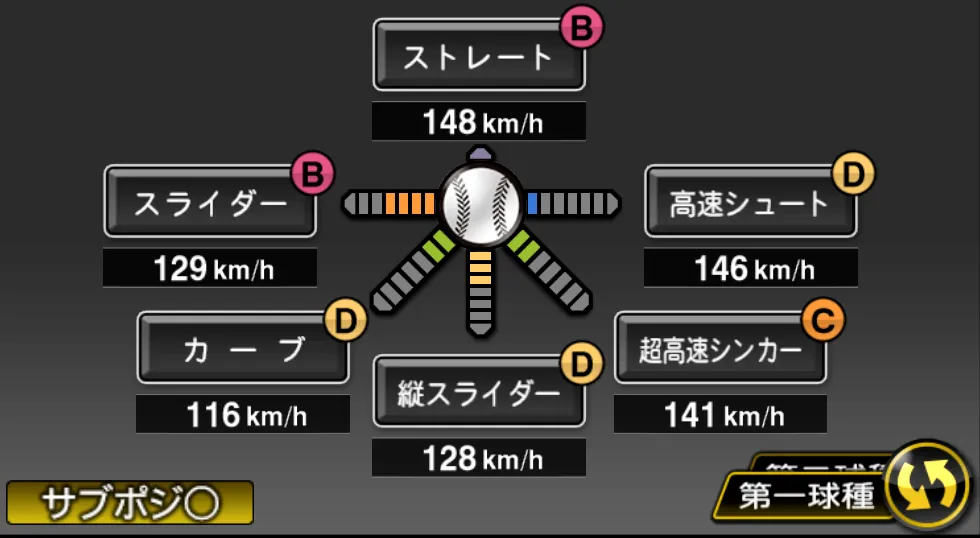 平良 拳太郎の球種(ゲーム内の画面)