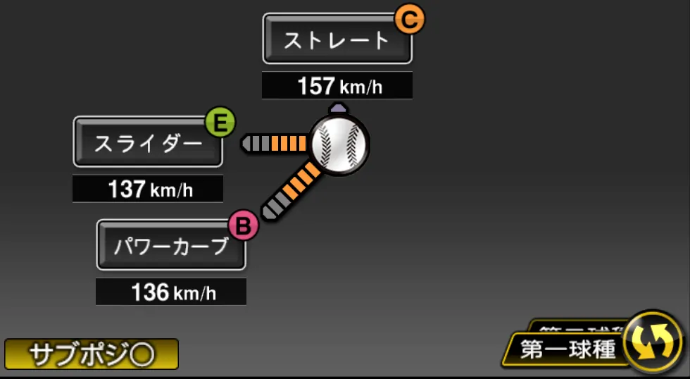 ウィックの球種(ゲーム内の画面)