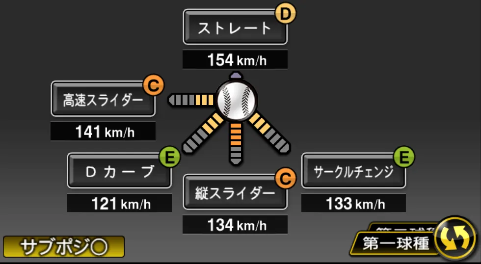 徳山 壮磨の球種（ゲーム内の画面）