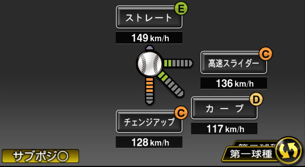 濵口 遥大の球種（ゲーム内の画面）