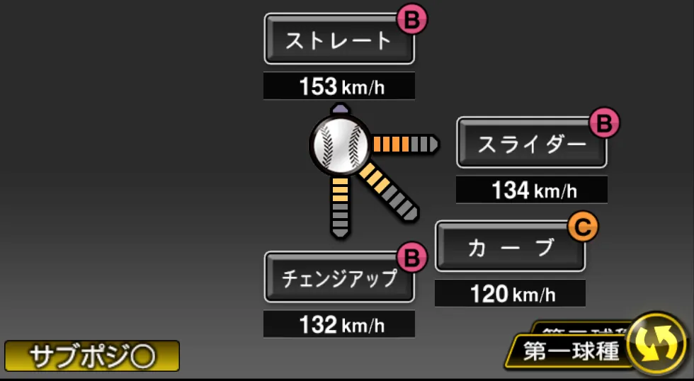 今永 昇太の球種（ゲーム内の画面）