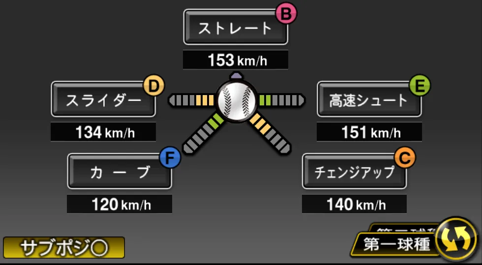 伊勢 大夢の球種（ゲーム内の画面）