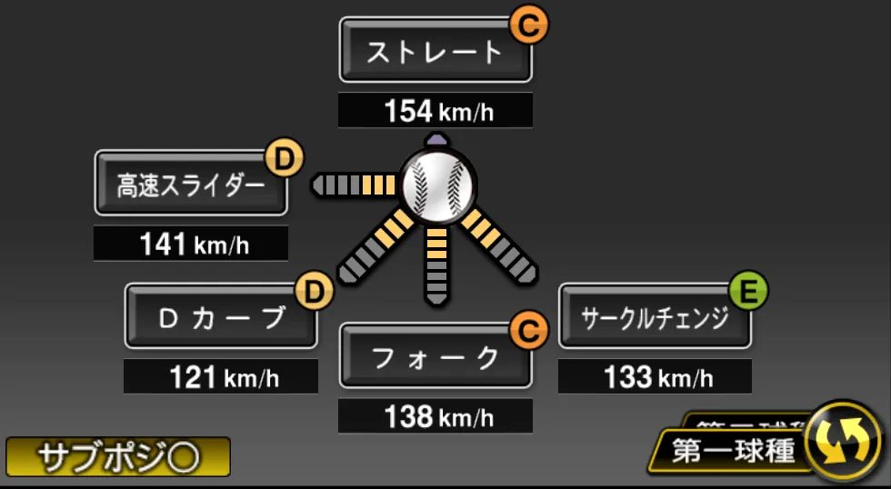 徳山 壮磨の球種(ゲーム内の画面)