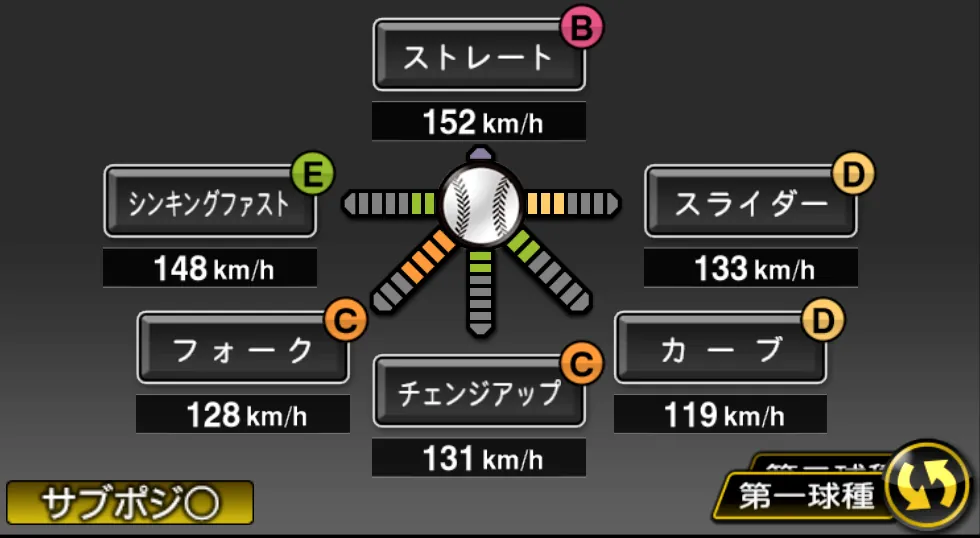 坂本 裕哉の球種（ゲーム内の画面）