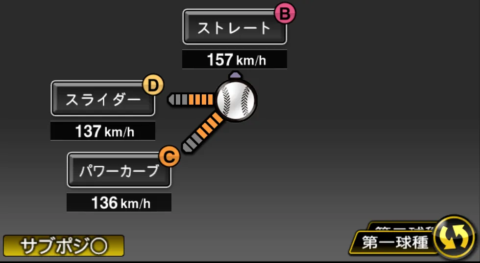 ウィックの球種（ゲーム内の画面）