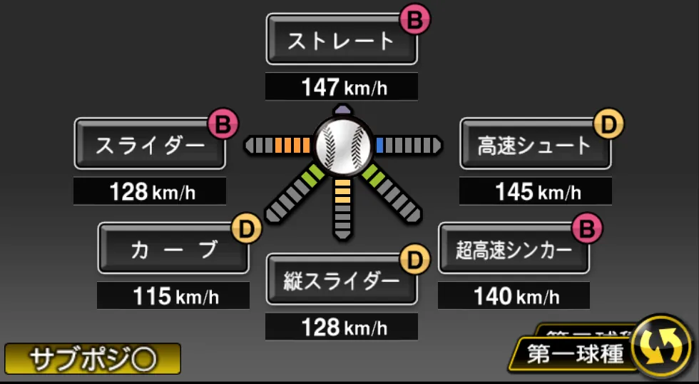 平良 拳太郎の球種(ゲーム内の画面)