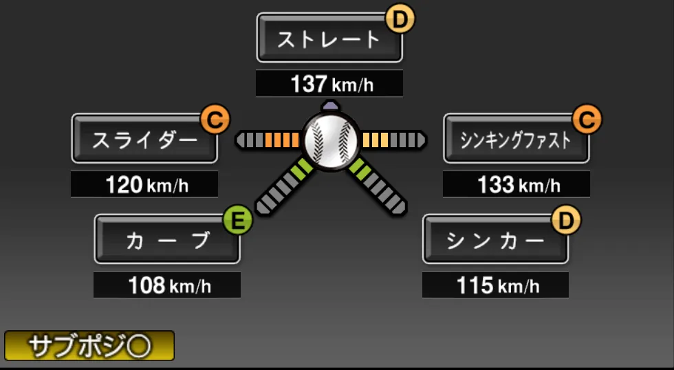 颯の球種（ゲーム内の画面）