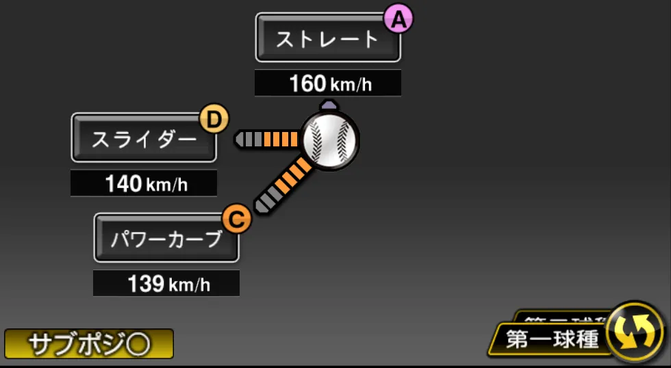 ウィックの球種（ゲーム内の画面）