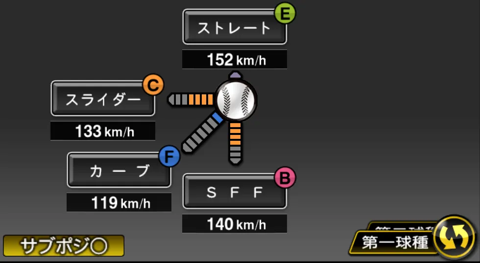 井納 翔一の球種（ゲーム内の画面）