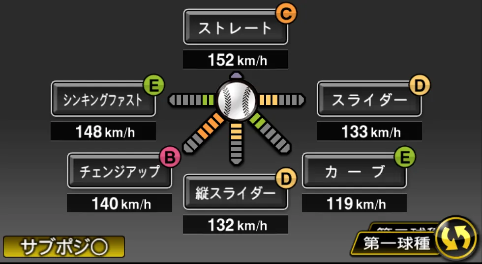 坂本 裕哉の球種(ゲーム内の画面)