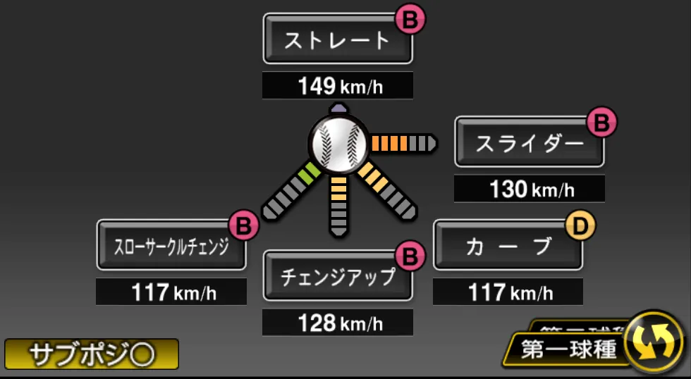東 克樹の球種（ゲーム内の画面）