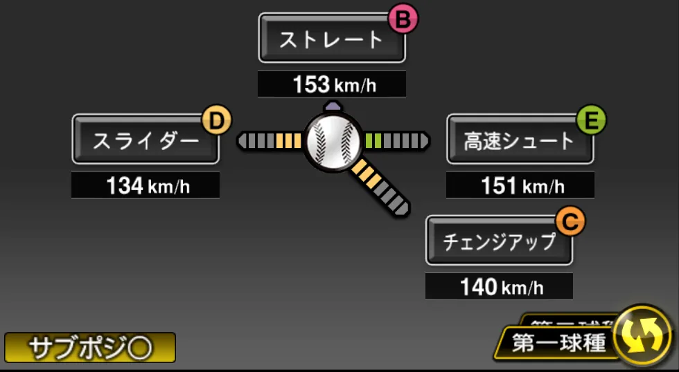 伊勢 大夢の球種（ゲーム内の画面）
