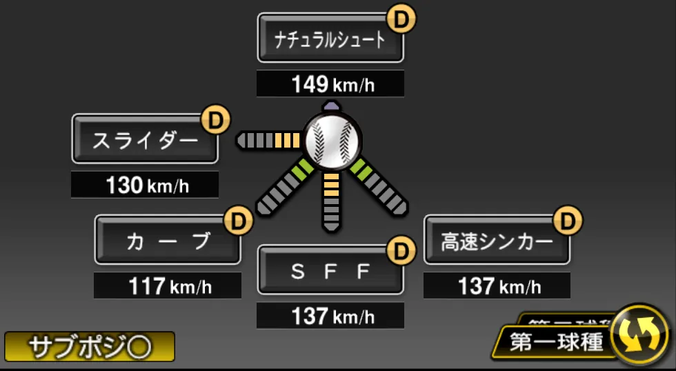 石田 裕太郎の球種（ゲーム内の画面）