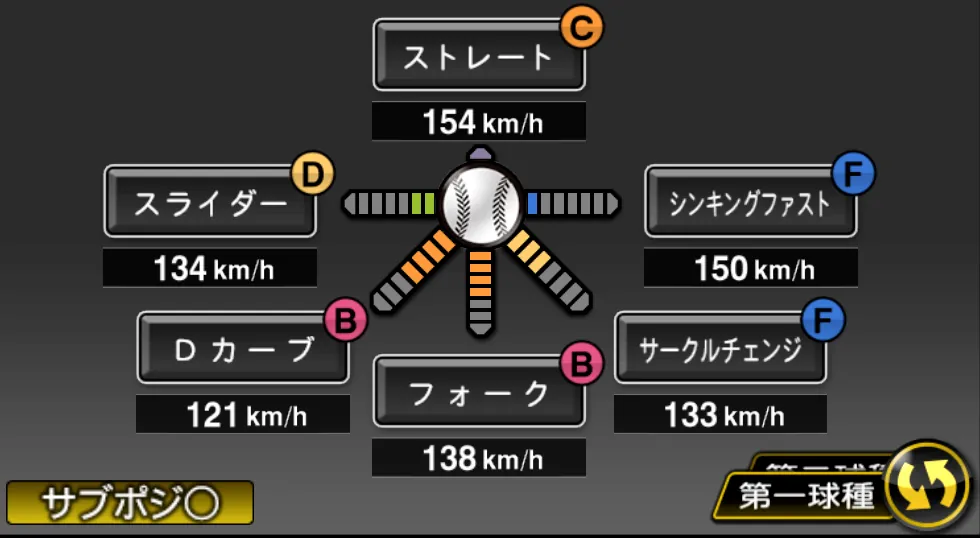 宮城 滝太の球種（ゲーム内の画面）
