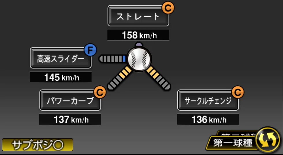 ルイーズの球種（ゲーム内の画面）