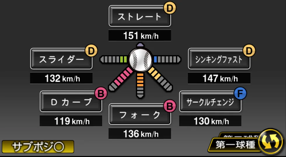 宮城 滝太の球種（ゲーム内の画面）