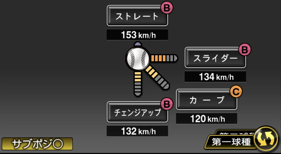 今永 昇太の球種（ゲーム内の画面）