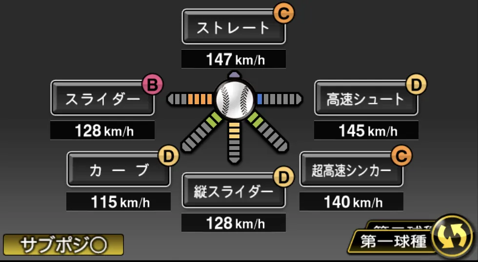 平良 拳太郎の球種(ゲーム内の画面)