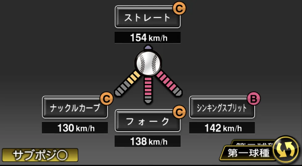 中川 虎大の球種（ゲーム内の画面）