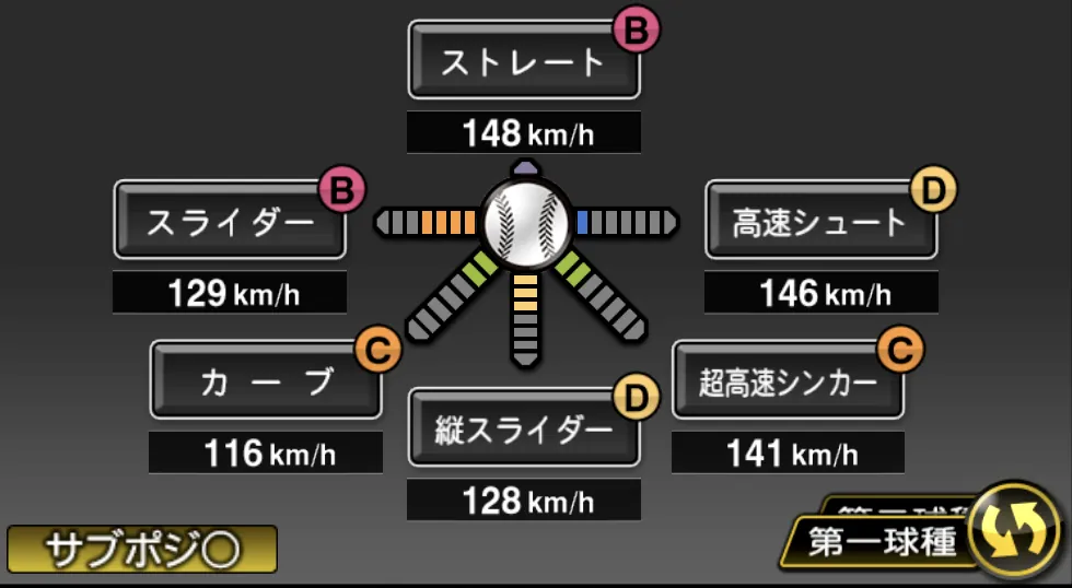 平良 拳太郎の球種（ゲーム内の画面）