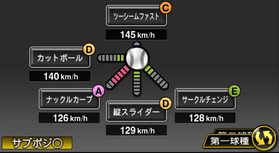 ディクソンの球種（ゲーム内の画面）