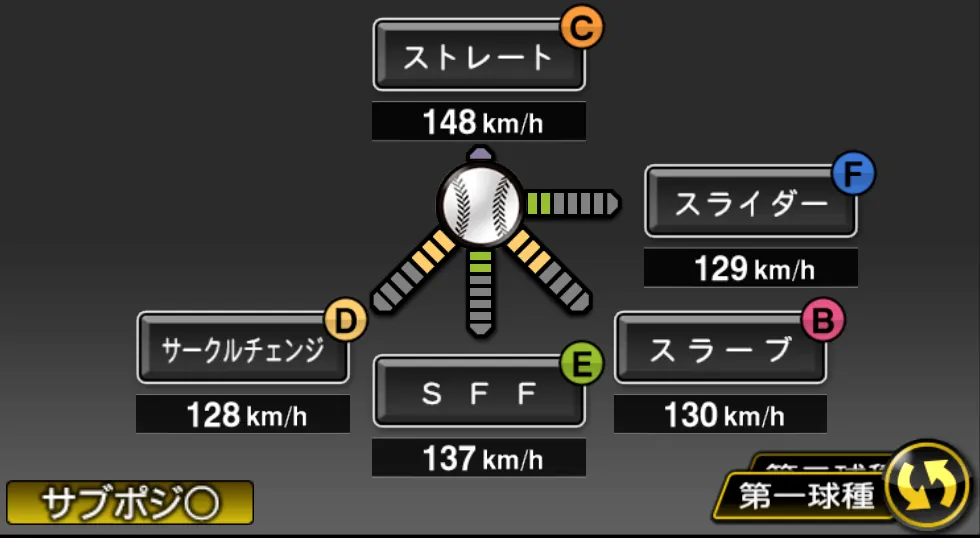 松葉 貴大の球種(ゲーム内の画面)