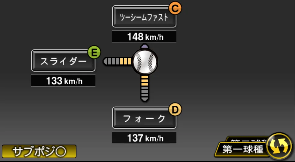 金田 和之の球種（ゲーム内の画面）