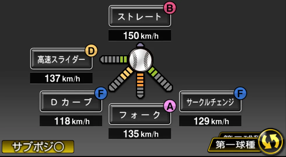 吉田 一将の球種（ゲーム内の画面）