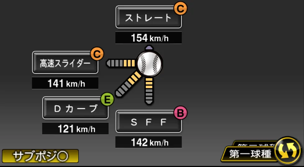 山本 由伸の球種（ゲーム内の画面）