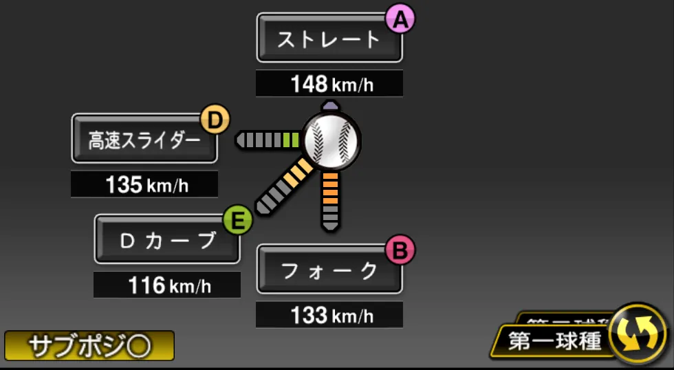 吉田 一将の球種（ゲーム内の画面）