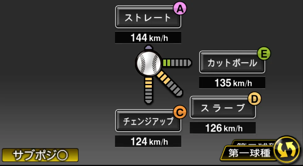 アルバースの球種（ゲーム内の画面）