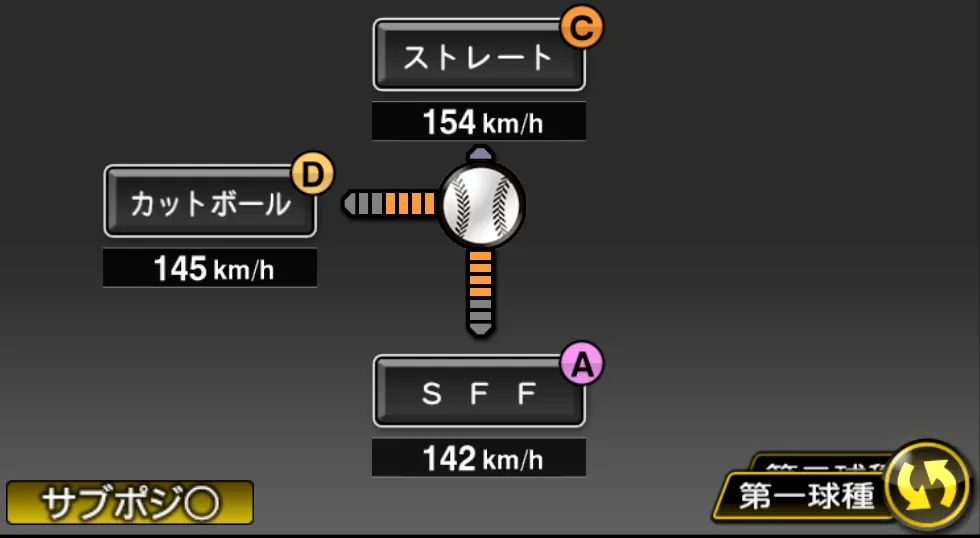 山本 由伸の球種（ゲーム内の画面）