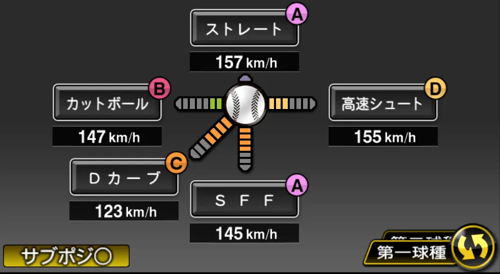 山本 由伸の球種（ゲーム内の画面）