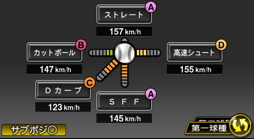 山本 由伸の球種（ゲーム内の画面）