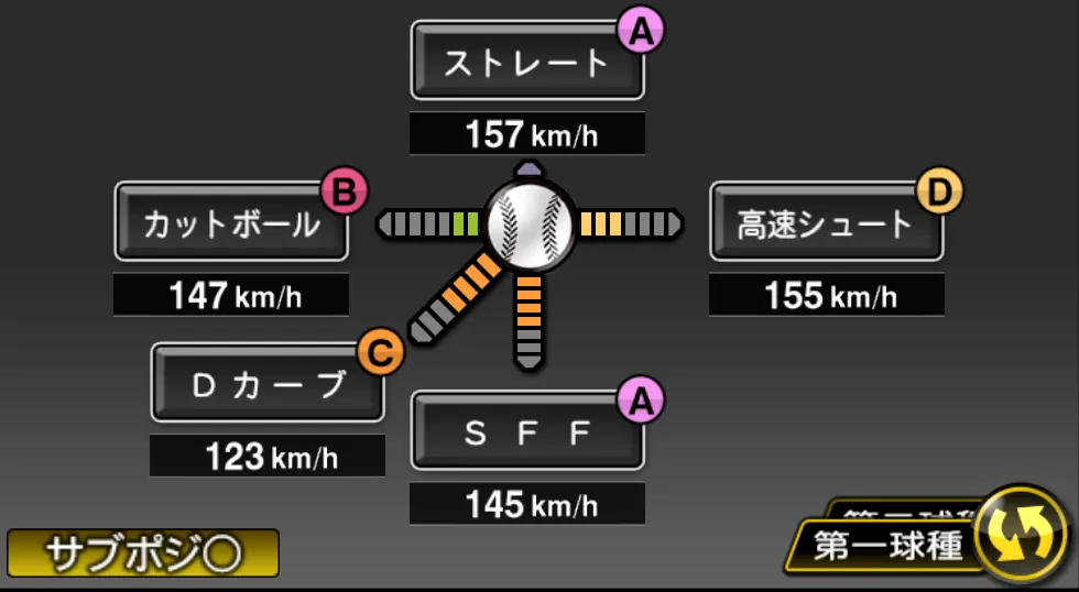 山本 由伸の球種（ゲーム内の画面）
