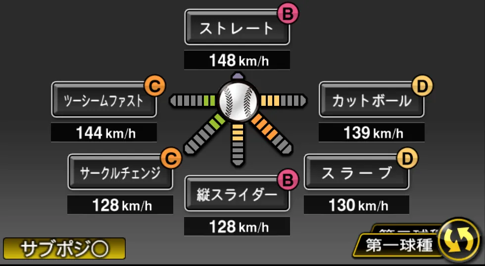 田嶋 大樹の球種（ゲーム内の画面）