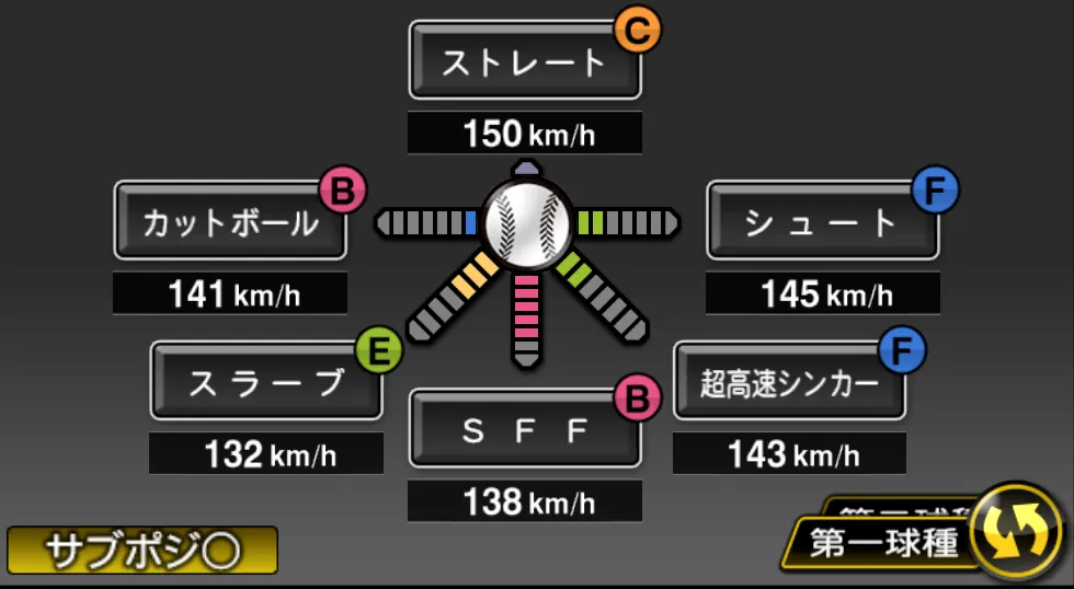 金子 千尋の球種（ゲーム内の画面）