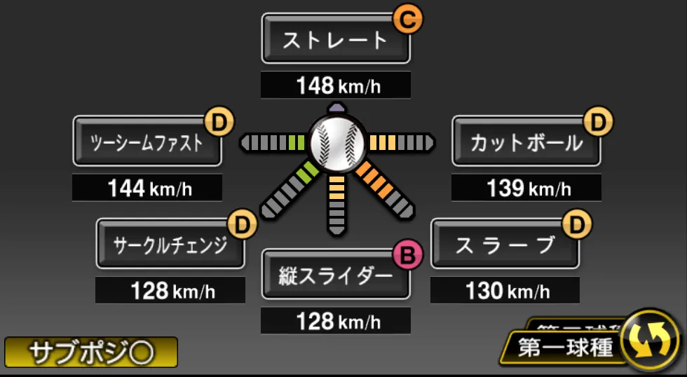 田嶋 大樹の球種（ゲーム内の画面）