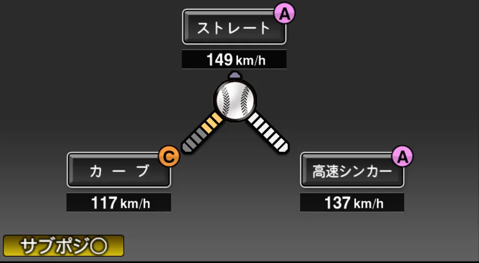 山田 久志の球種(ゲーム内の画面)