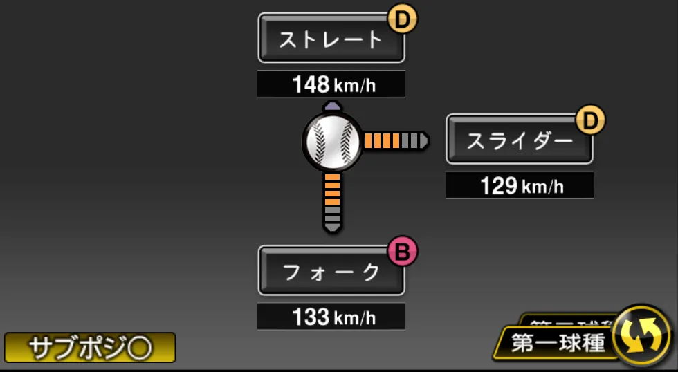 能見 篤史の球種（ゲーム内の画面）