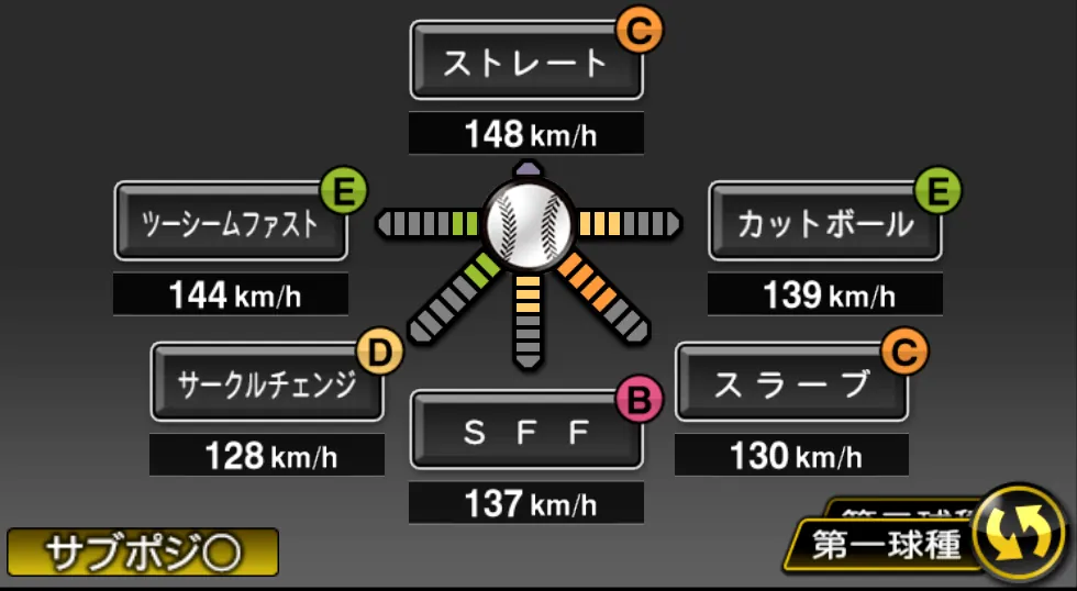 田嶋 大樹の球種（ゲーム内の画面）