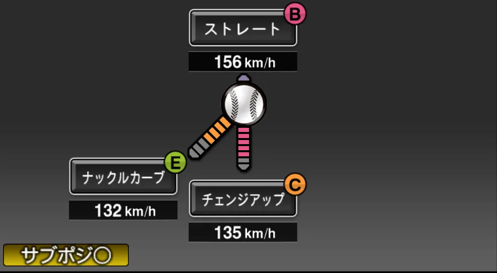 ヒギンスの球種（ゲーム内の画面）
