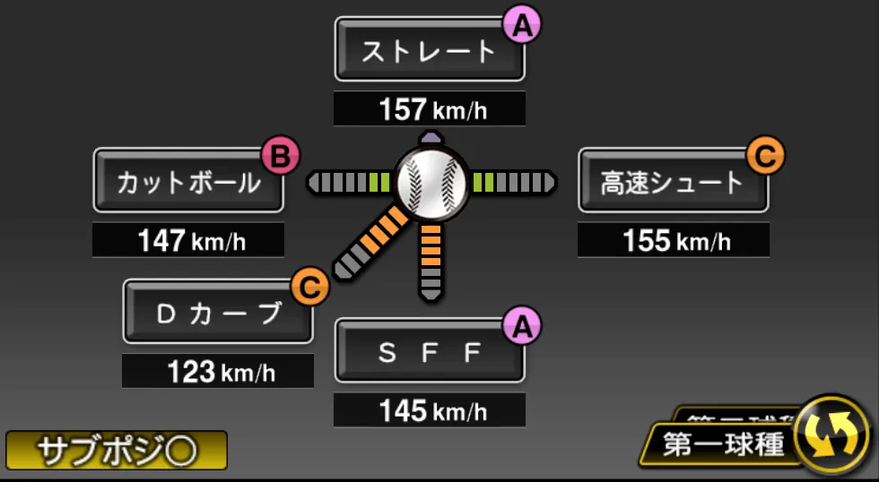 山本 由伸の球種(ゲーム内の画面)