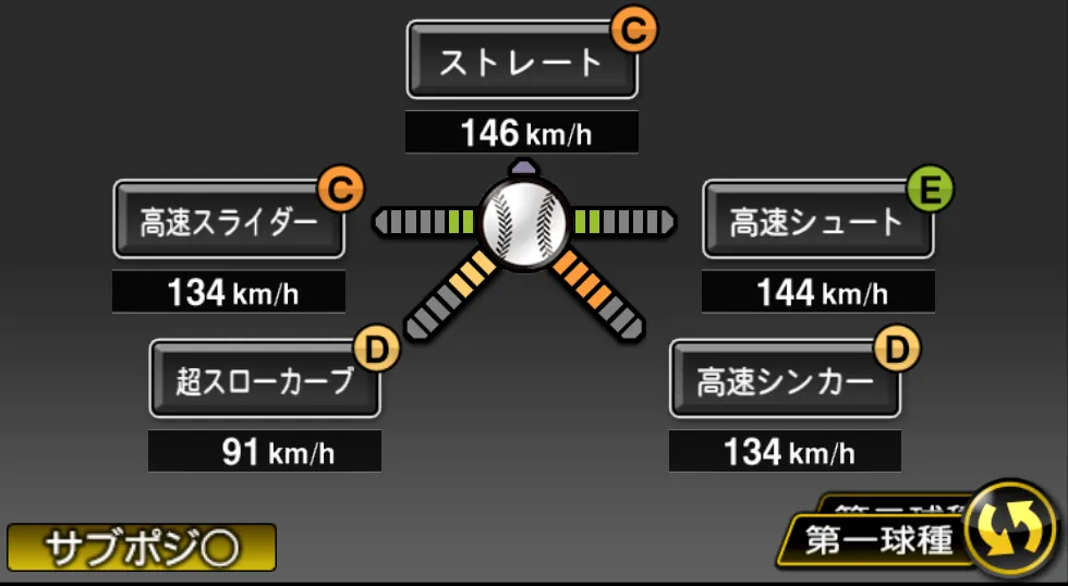 比嘉 幹貴の球種(ゲーム内の画面)