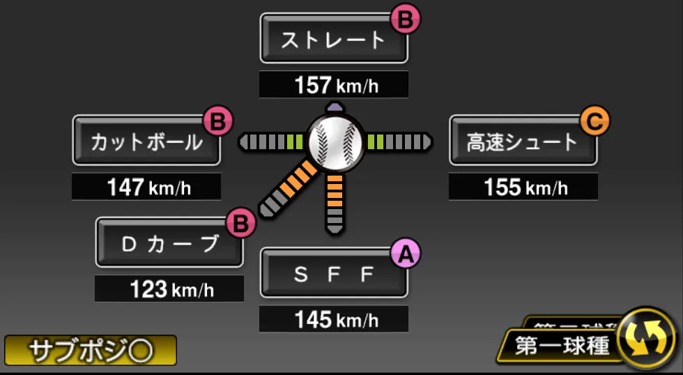 山本 由伸の球種（ゲーム内の画面）