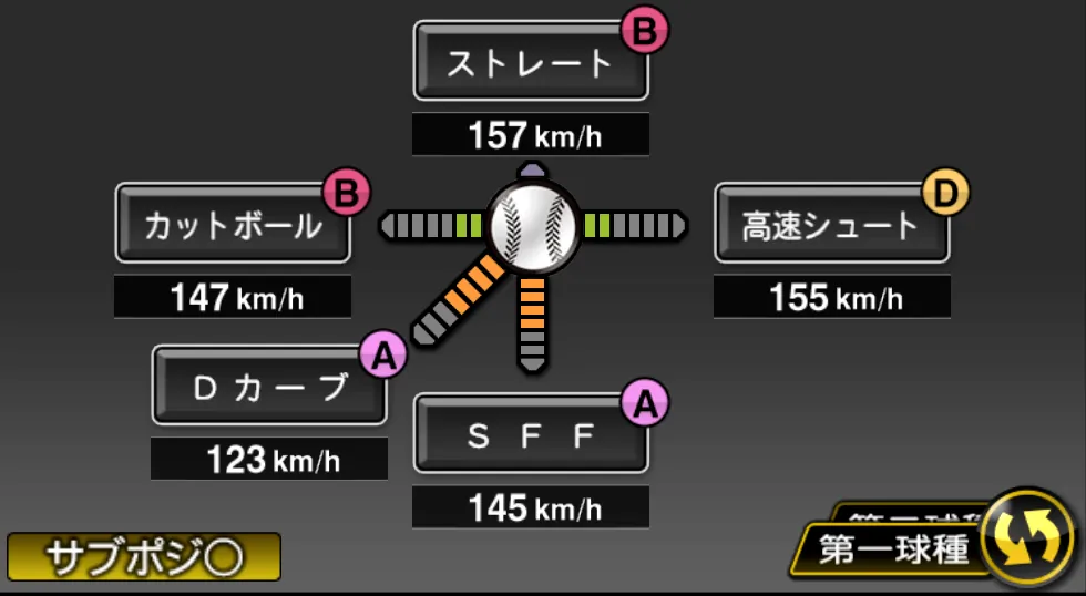 山本 由伸の球種（ゲーム内の画面）