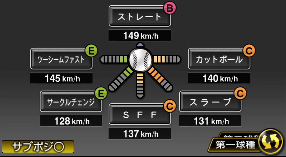 田嶋 大樹の球種（ゲーム内の画面）