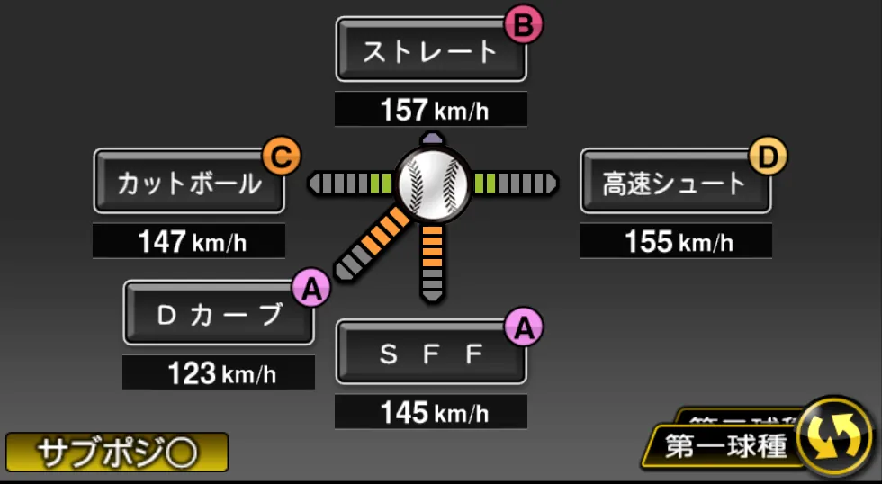 山本 由伸の球種（ゲーム内の画面）
